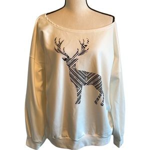 Oversized Winter Themed Elk Print Long Sleeve Sweatshirt Size XL